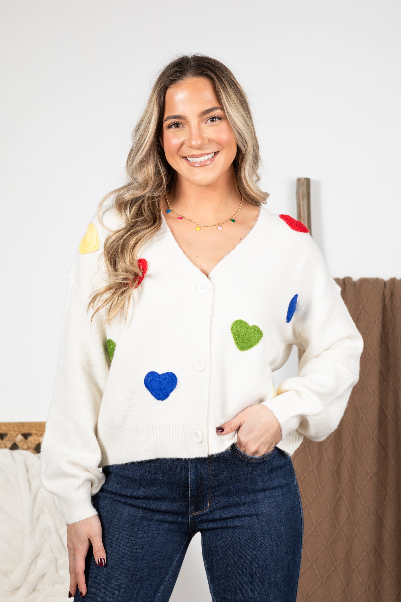 Ivory Puff Heart Knit Cardigan