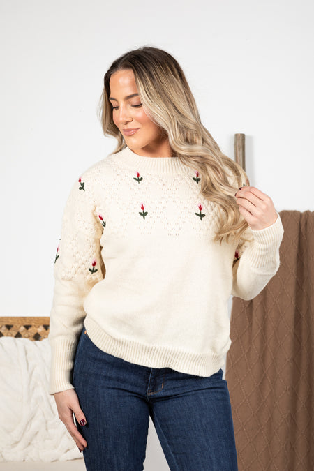 Ivory Sweater With Floral Appliques