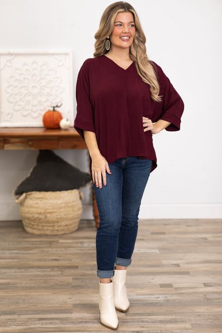 Wine V-Neck Airflow Top