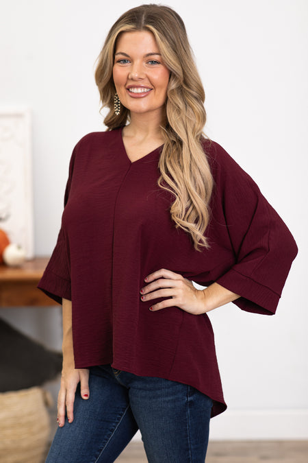 Wine V-Neck Airflow Top