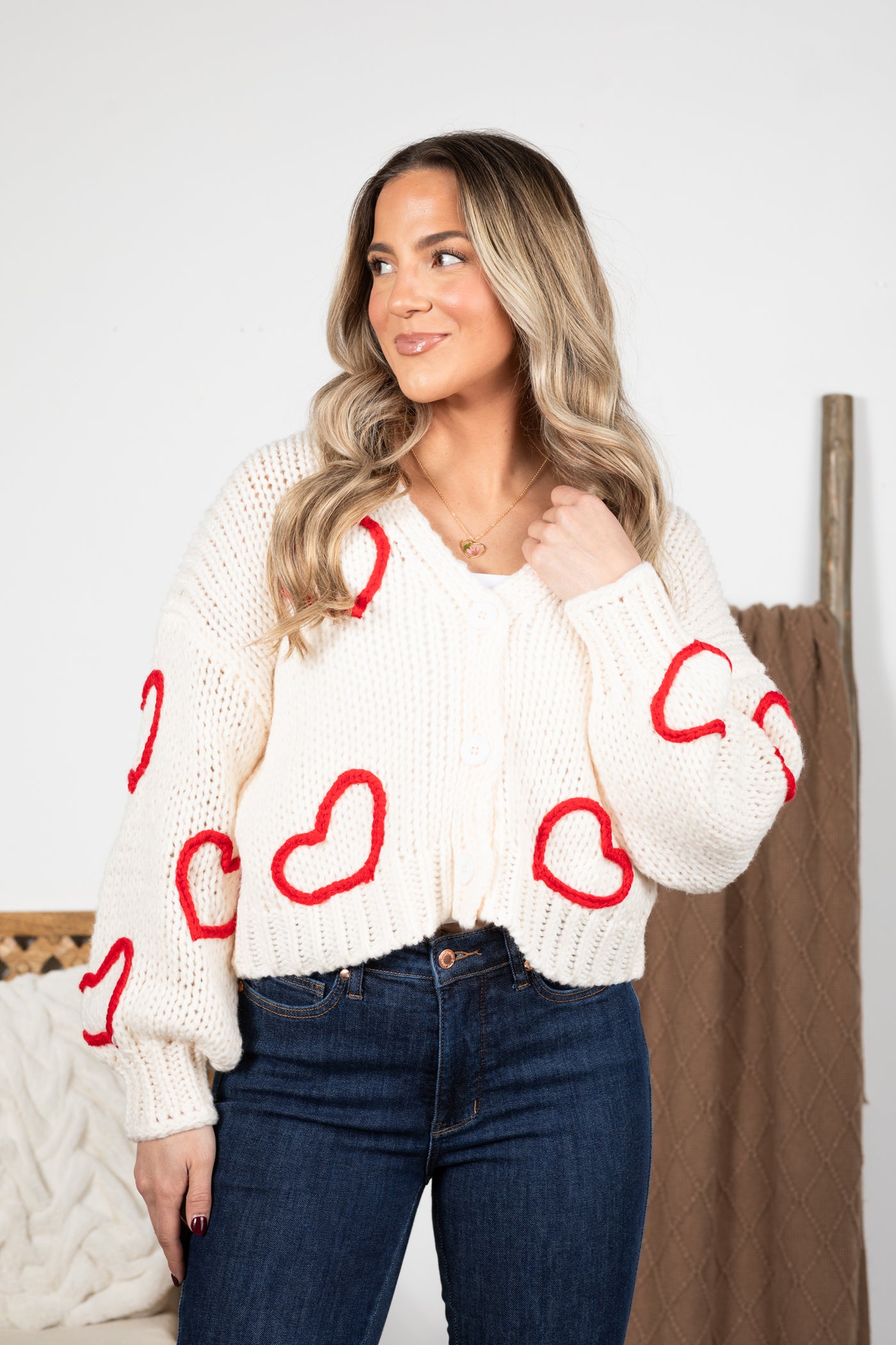 Button Up Cardigan With Embroidered Hearts