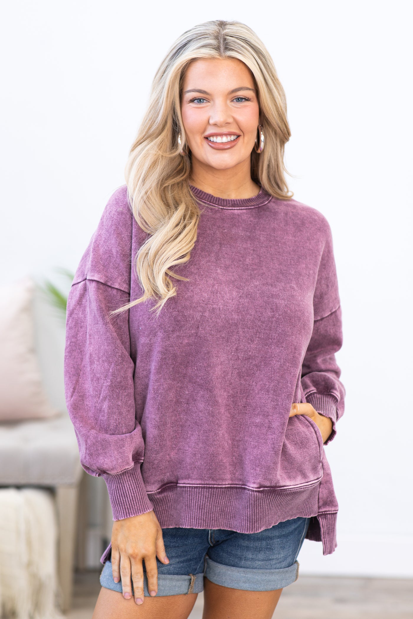 Plum Acid Wash Fleece High-Low Pullover