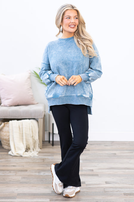 Dusty Blue Acid Wash Fleece High-Low Pullover