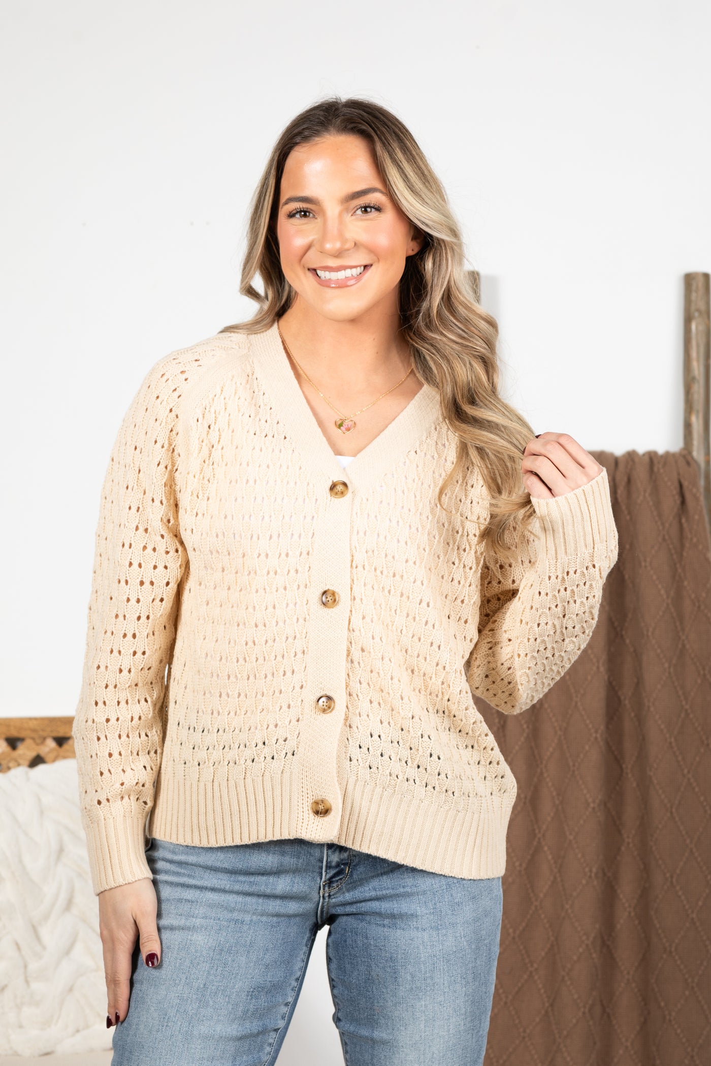 Button Down Pointelle Solid Sweater Cardigans