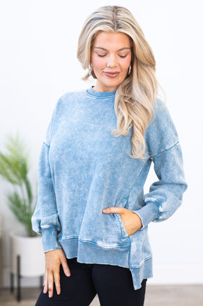 Dusty Blue Acid Wash Fleece High-Low Pullover