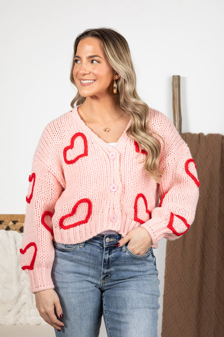 Button Up Cardigan With Embroidered Hearts