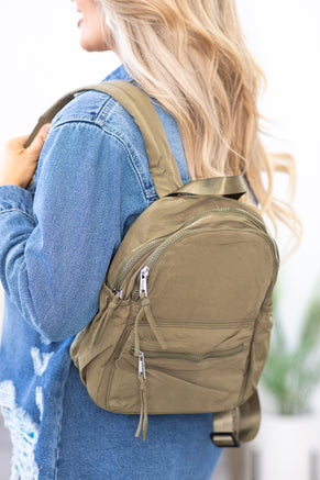 Olive Nylon Multi Zip Backpack