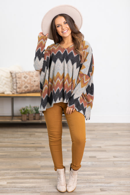 Charcoal and Rust Chevron Dolman Sleeve Top