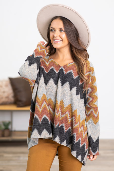 Charcoal and Rust Chevron Dolman Sleeve Top