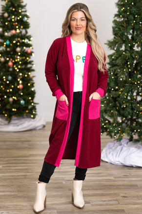 Hot Pink Colorblock Mid Length Cardigan