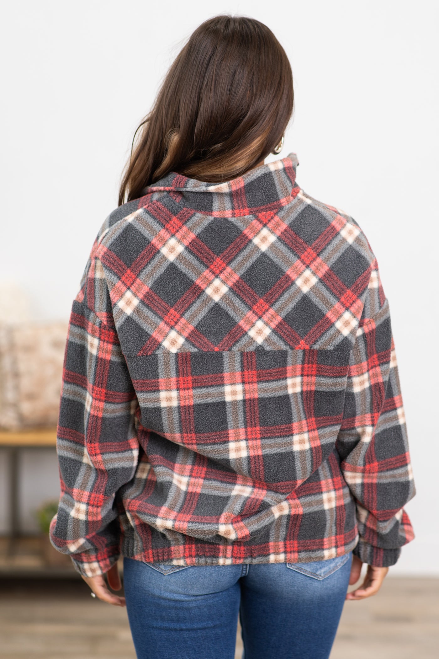 Charcoal and Crimson Plaid 1/4 Zip Pullover