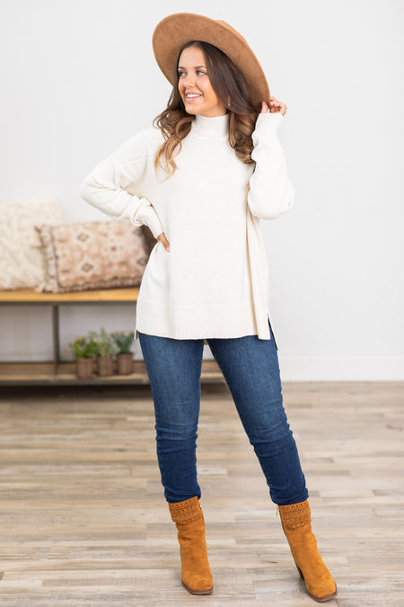 Ivory Textured Mock Neck Sweater