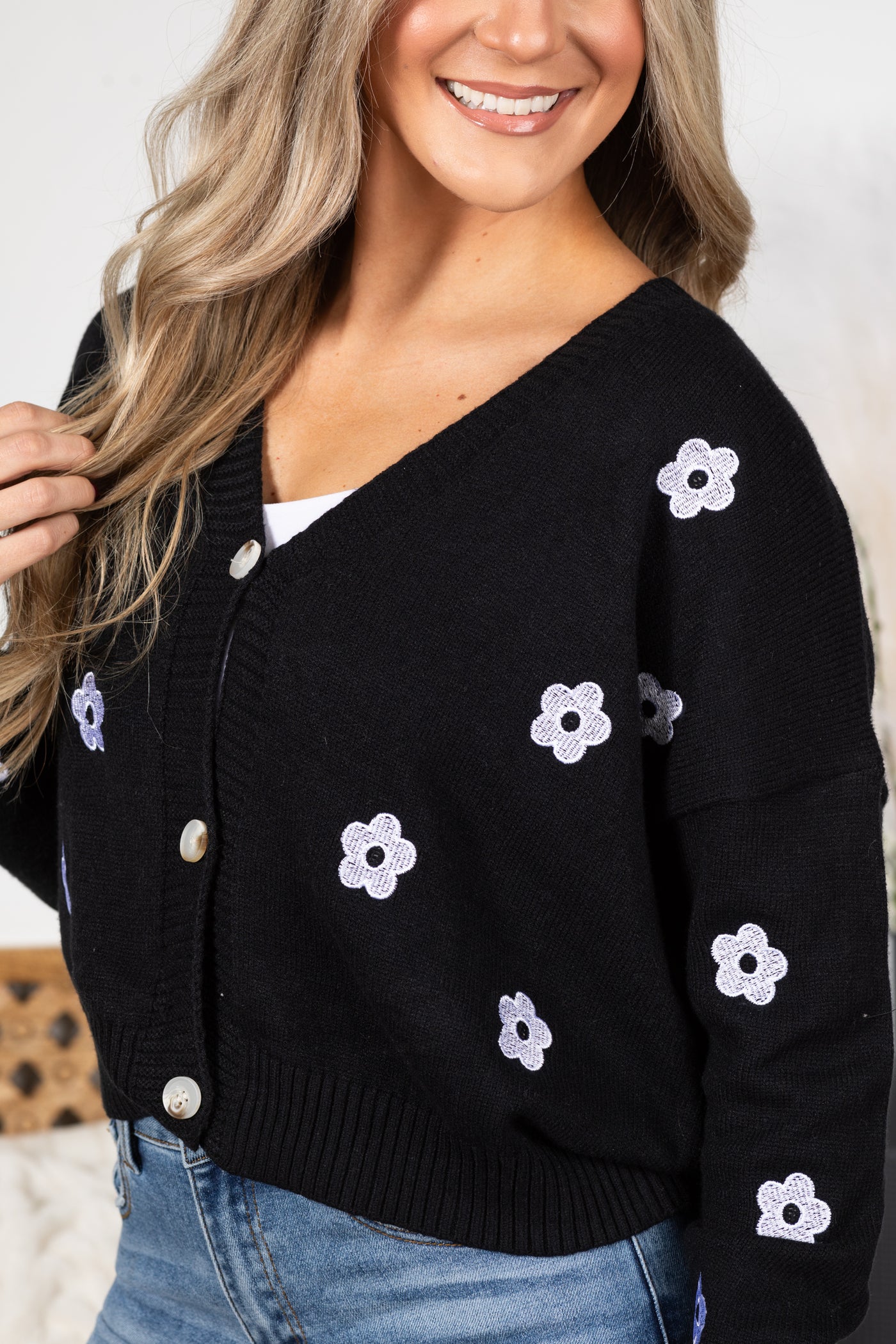 Black Flower Pattern Buttoned Cardigan