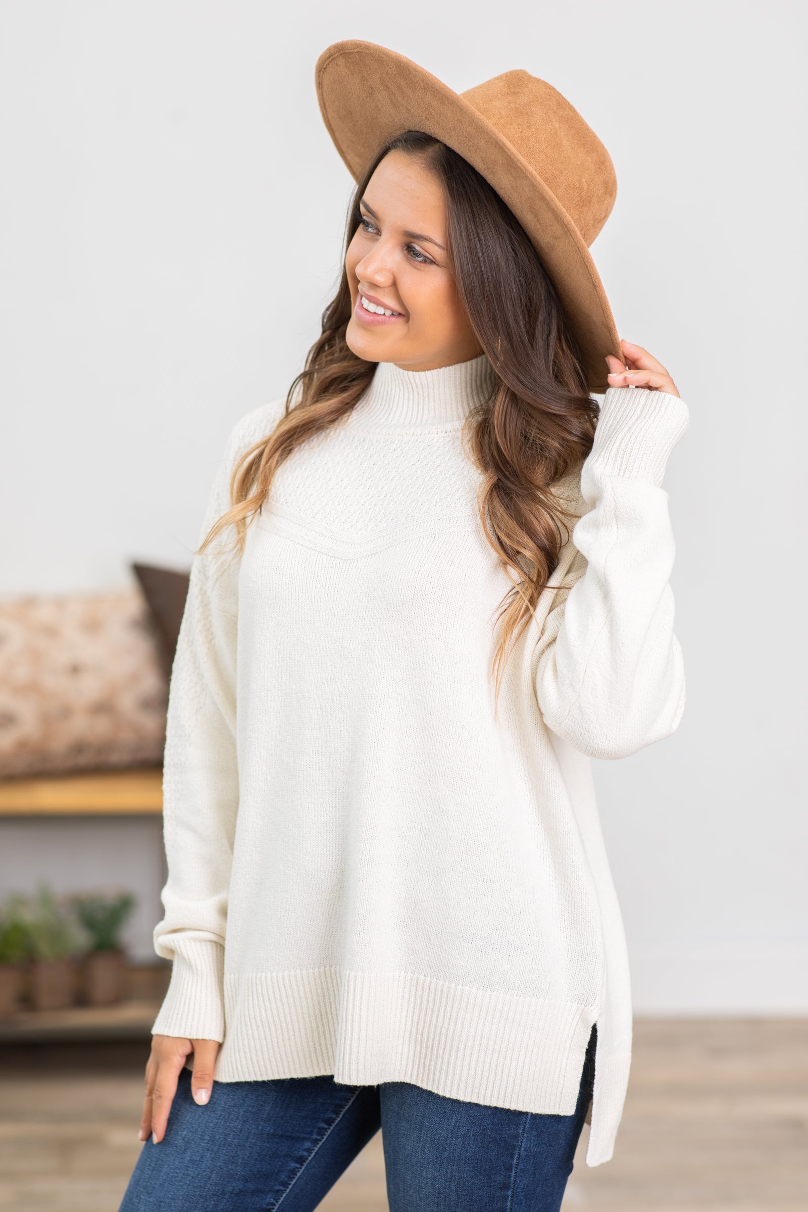 Ivory Textured Mock Neck Sweater · Filly Flair