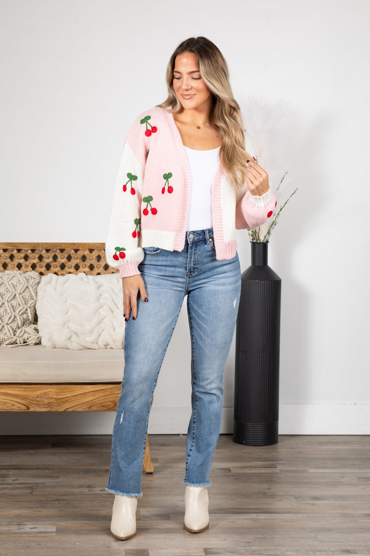 Pink and Ivory Open Cardigan With Cherries