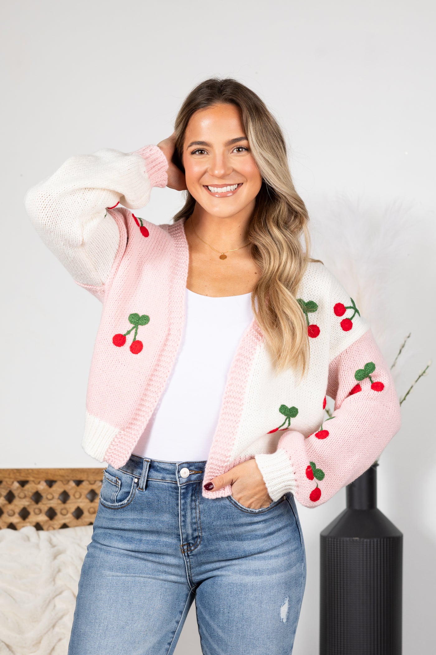 Pink and Ivory Open Cardigan With Cherries