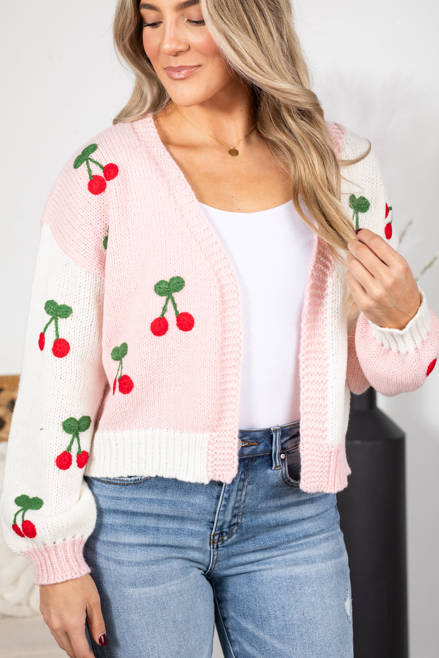 Pink and Ivory Open Cardigan With Cherries