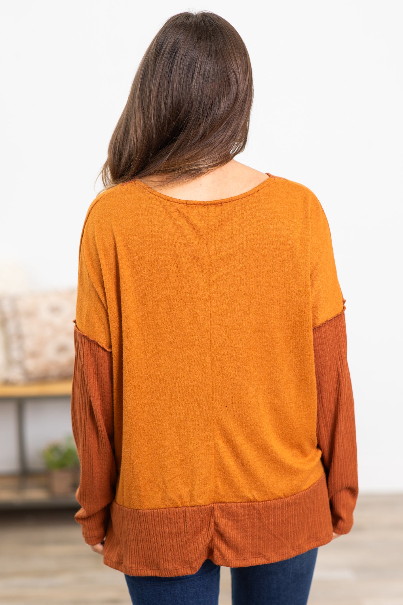 Cognac V-Neck Reverse Seam Top