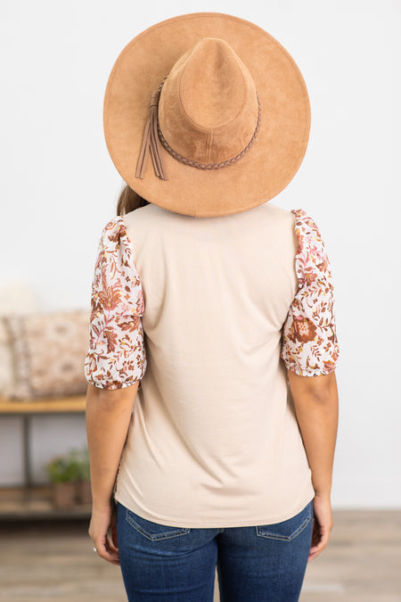 Rust and Off White Floral Print Top