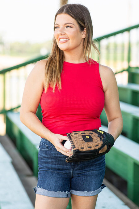 Red Ribbed Fitted Tank - Filly Flair