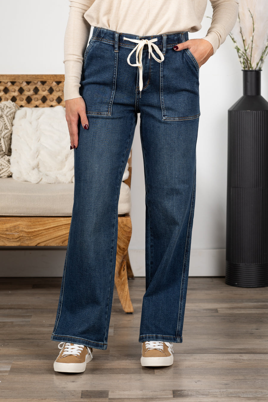 Judy Blue Medium Wash Drawstring Wide Jeans