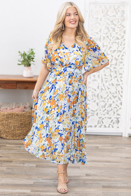 Orange Short Sleeve Floral Midi Dress