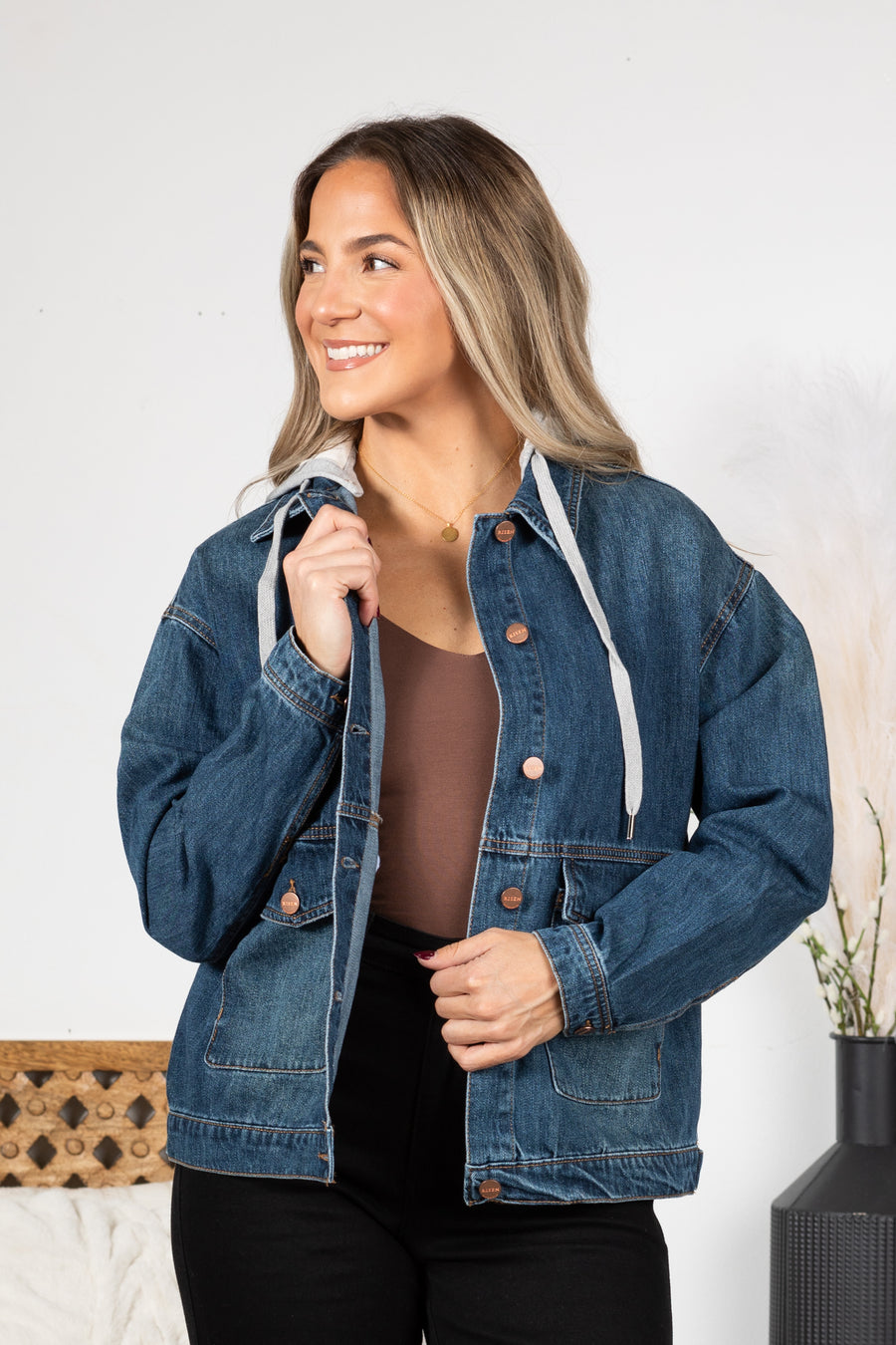 Risen Dark Wash Oversized Hoodie Denim Jacket