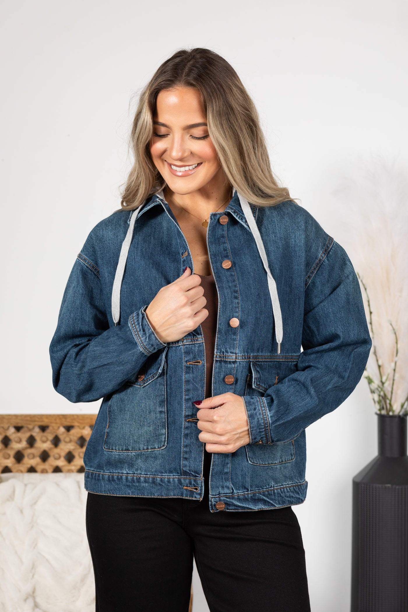 Risen Dark Wash Oversized Hoodie Denim Jacket