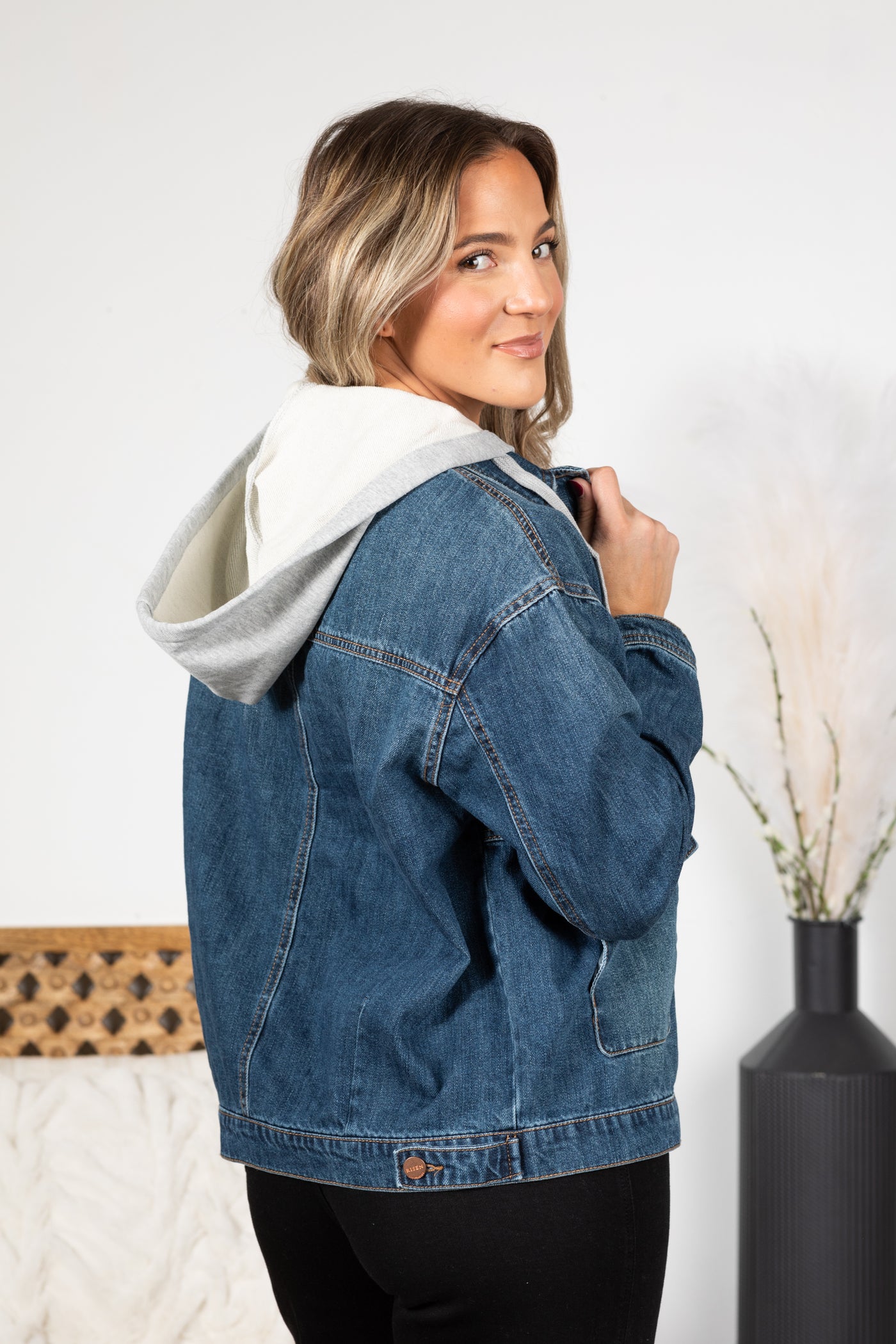 Risen Dark Wash Oversized Hoodie Denim Jacket