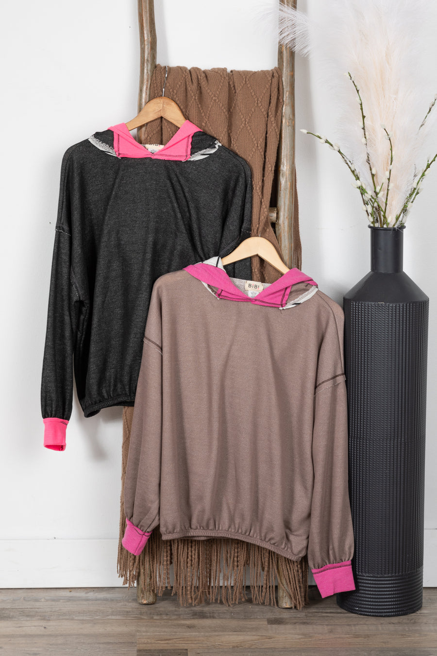 Thermal Contrast Banded Terry Knit Hoodie Top