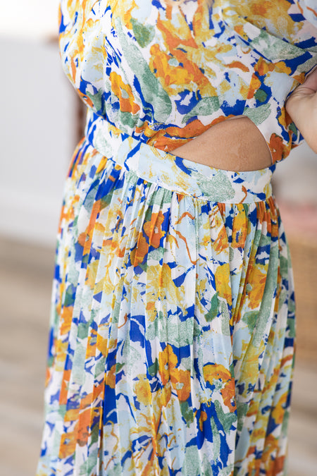 Orange Short Sleeve Floral Midi Dress