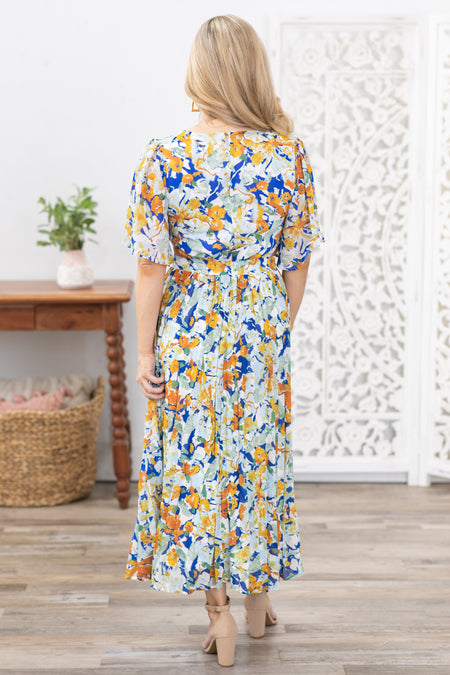 Orange Short Sleeve Floral Midi Dress