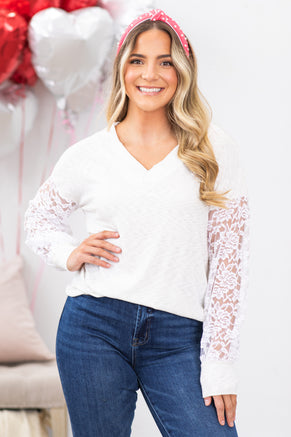 Ivory Rib Knit Top With Lace Sleeves