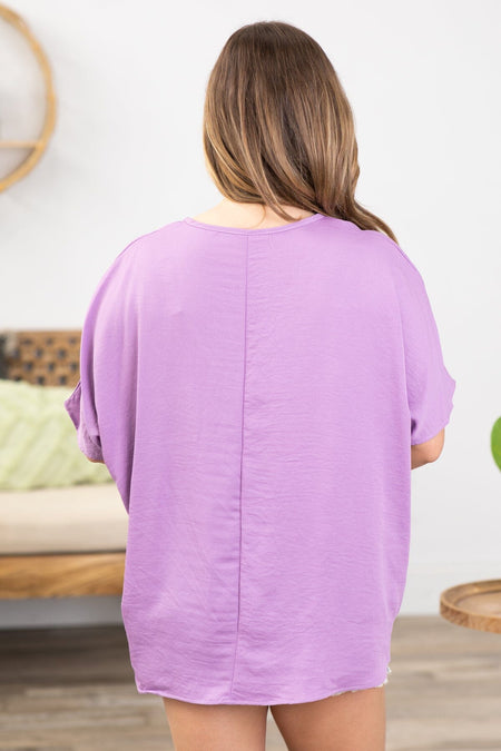 Lavender V-Neck Top With Pocket Detail - Filly Flair