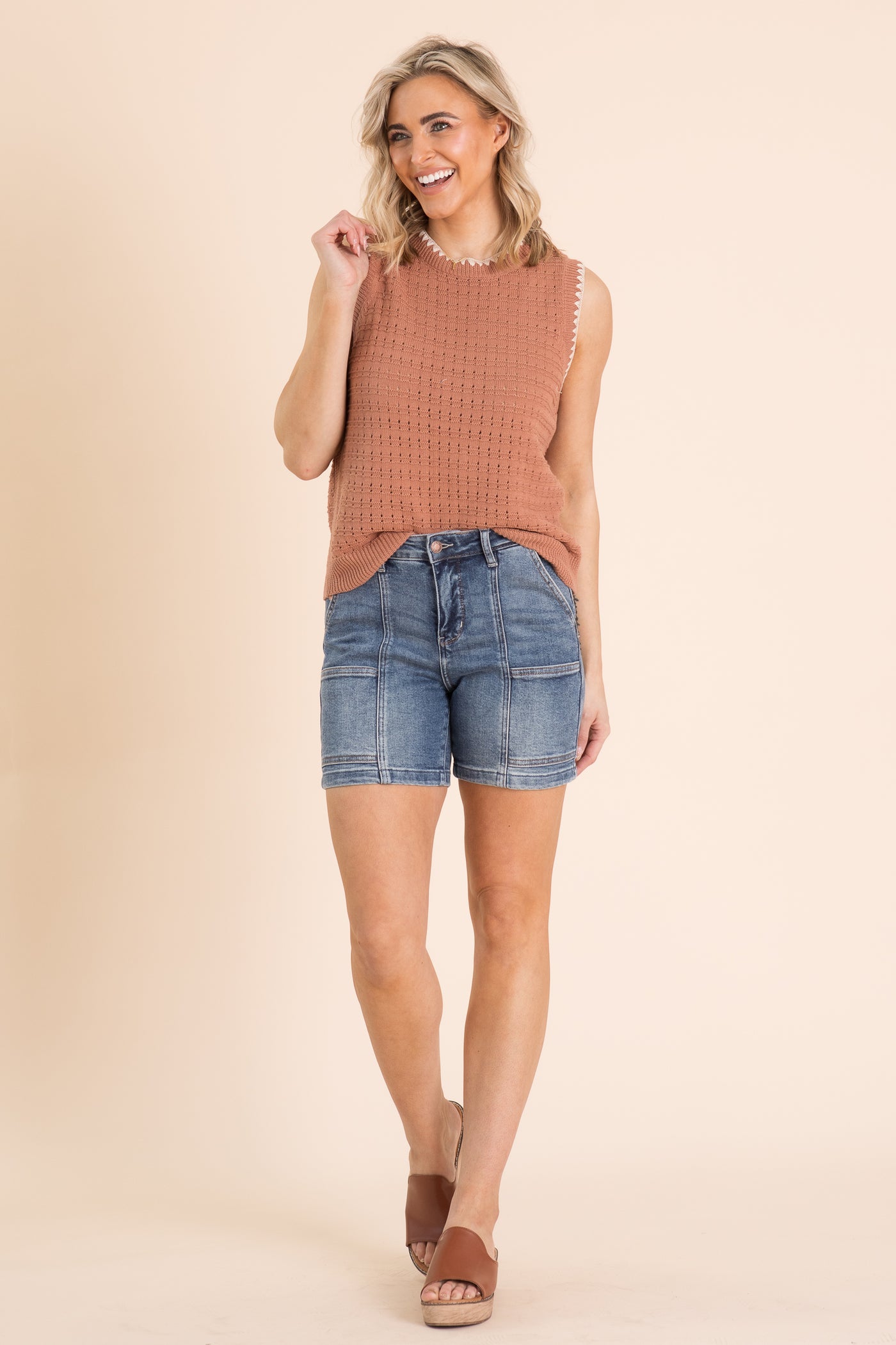 Cinnamon Blanket Stitch Pointelle Knit Top