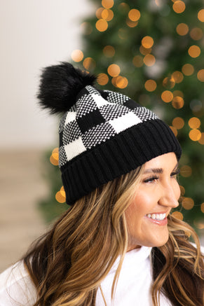 Black and Ivory Buffalo Plaid Beanie With Pom