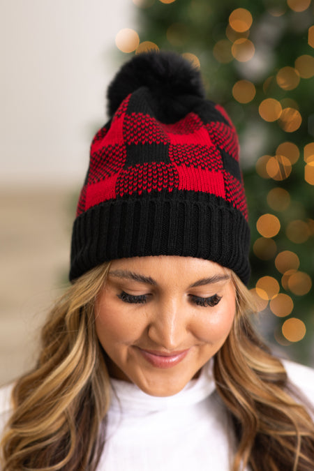 Black and Red Buffalo Plaid Beanie With Pom