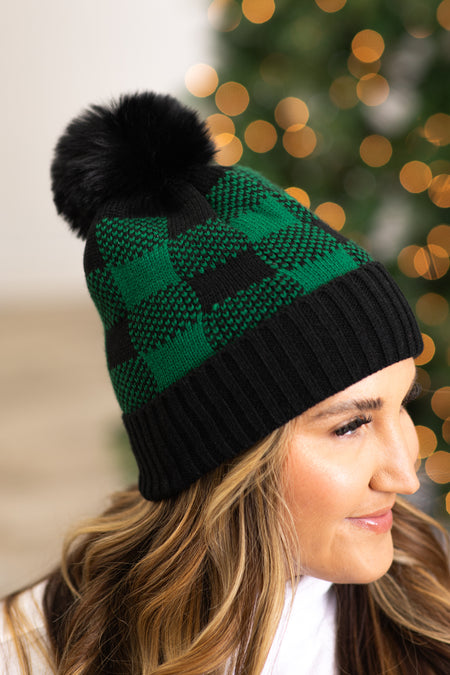 Black and Green Buffalo Plaid Beanie With Pom