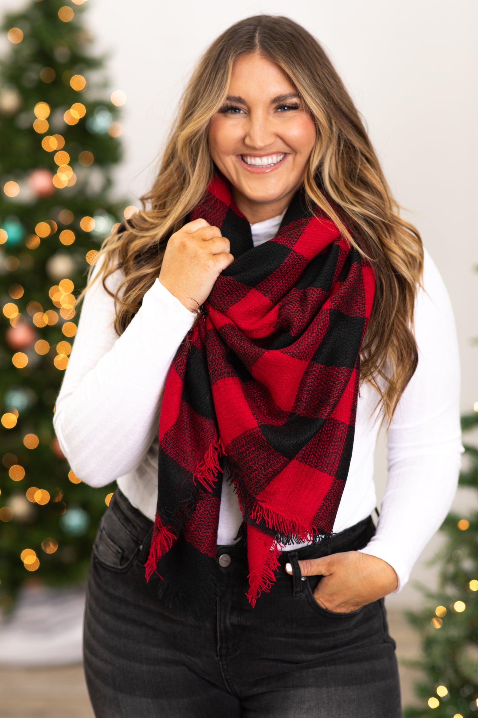 Red and hot sale black plaid shawl