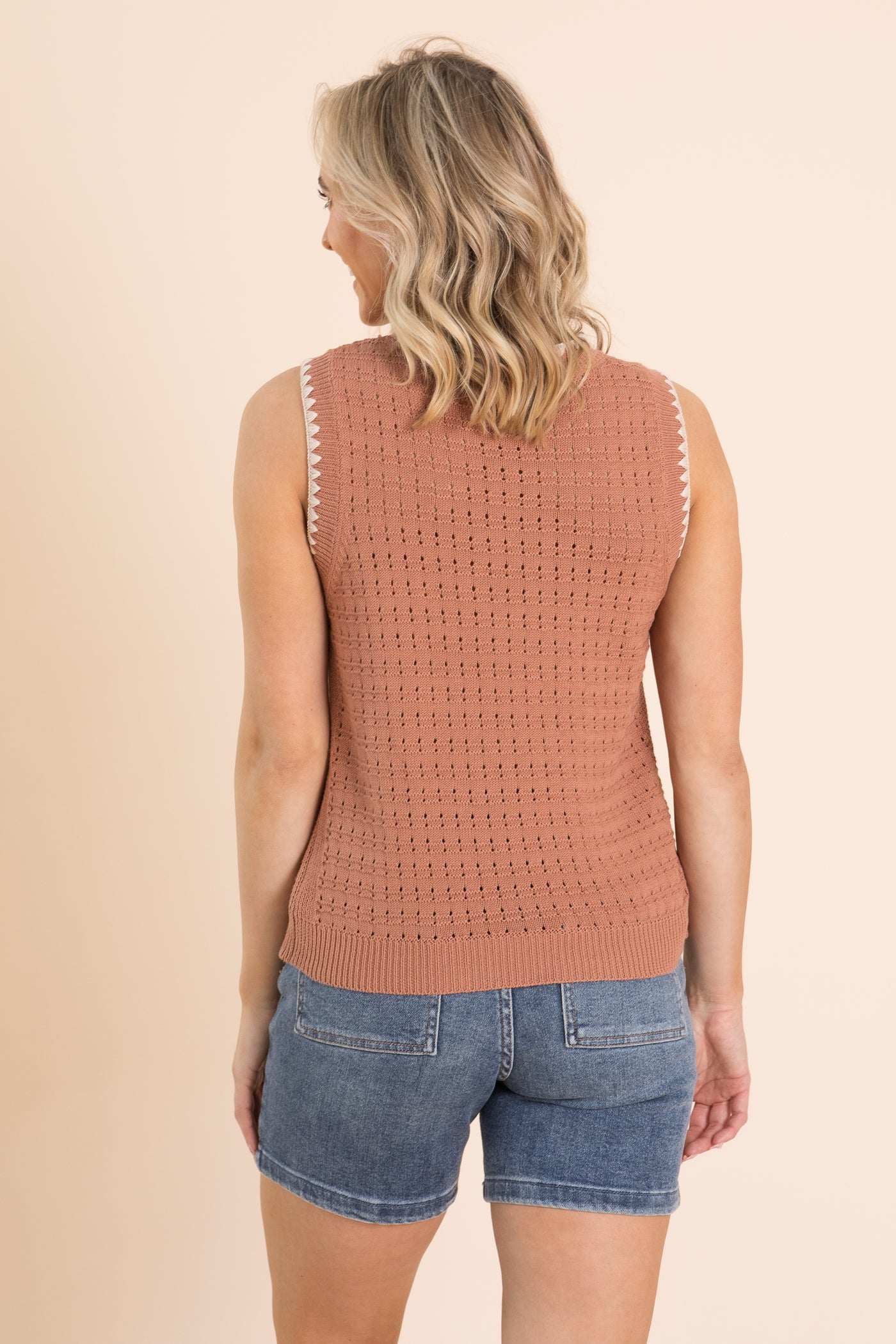 Cinnamon Blanket Stitch Pointelle Knit Top