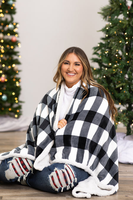 White and Black Plaid Sherpa Back Blanket