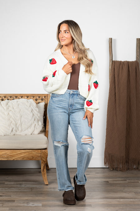 Ivory Knit Strawberry Open Cardigan