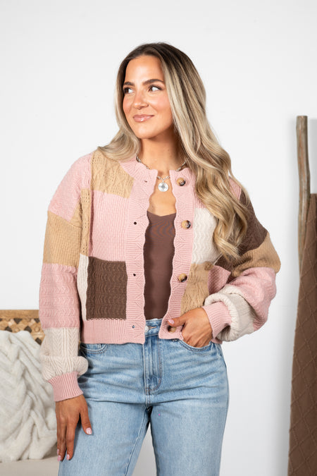 Colorblock Button Down Textured Knit Cardigan