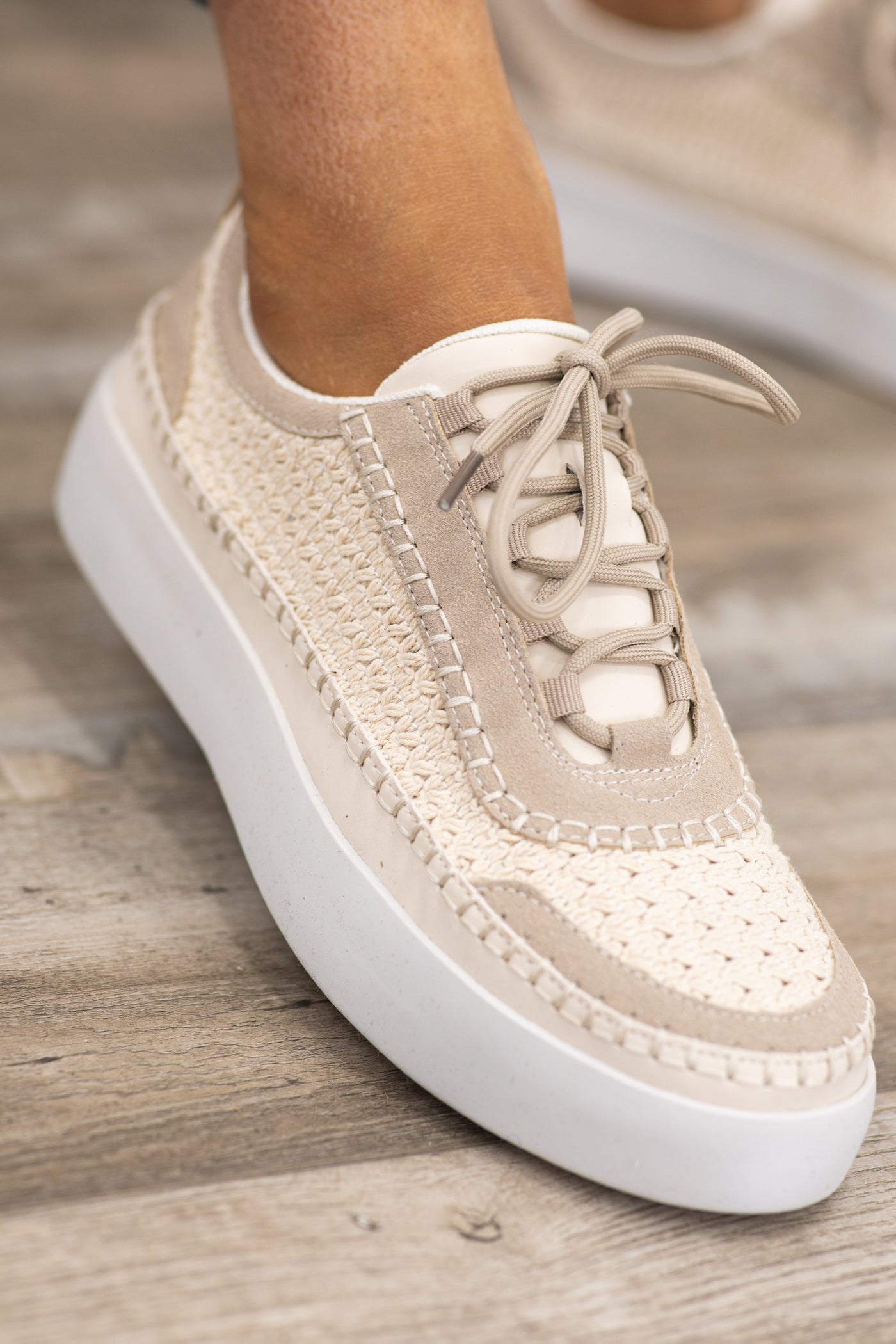Beige Tweed Textured Platform Sneakers