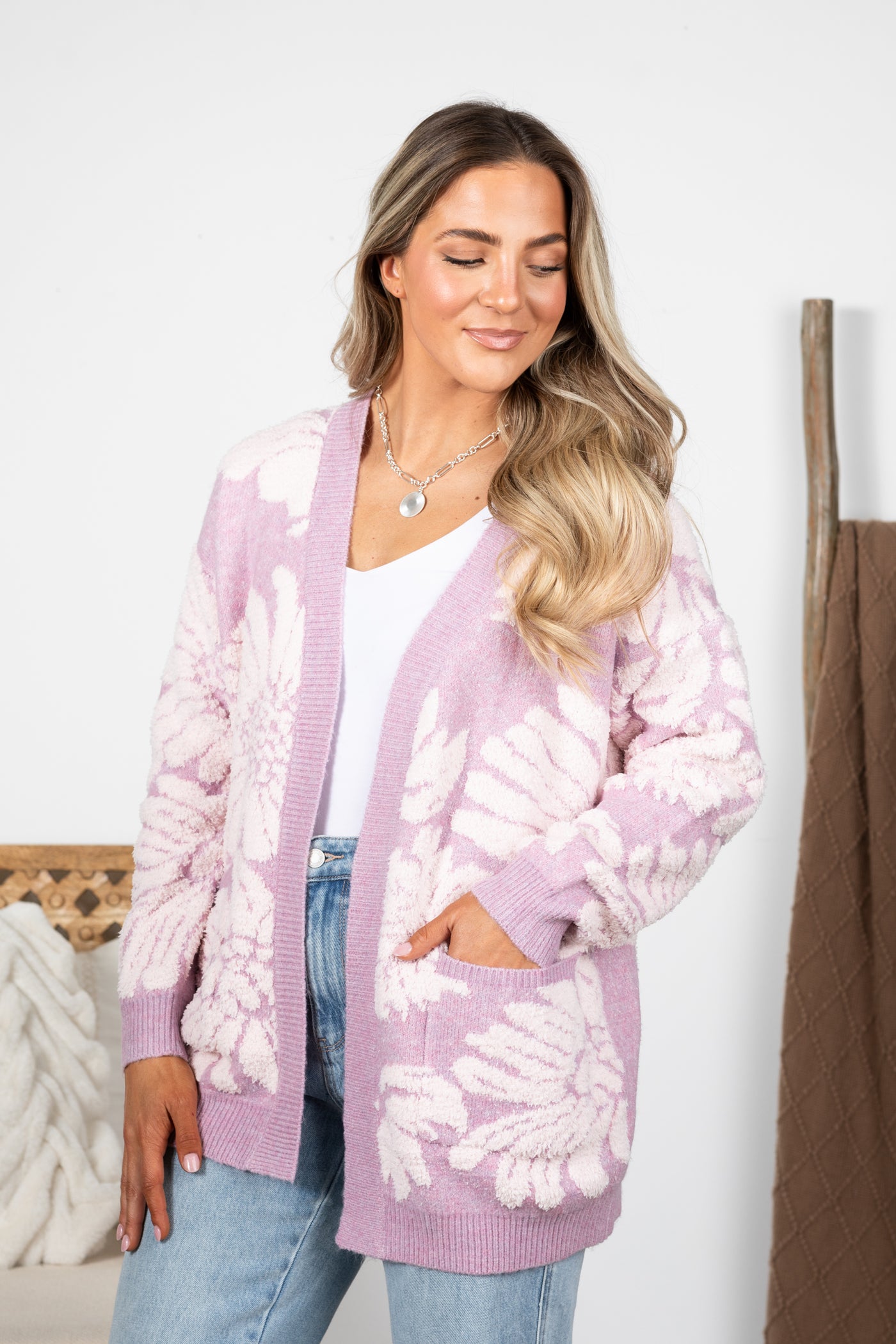 Orchid Flower Pattern Cardigan With Pockets