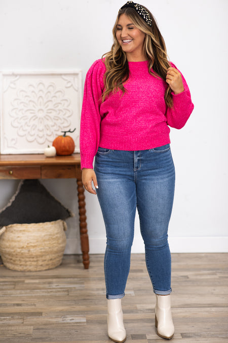 Hot Pink Melange Puff Sleeve Sweater