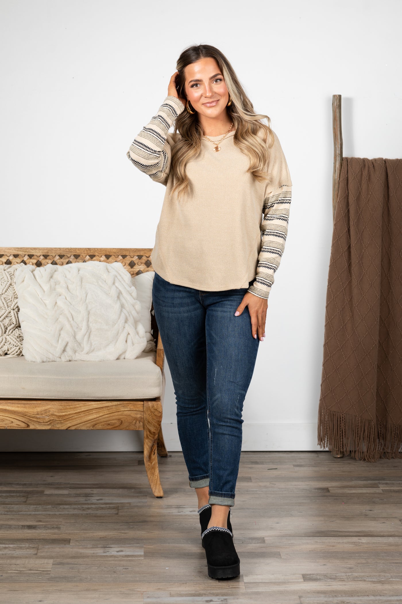 Taupe Contrast Striped Sleeve Detail Knit Top