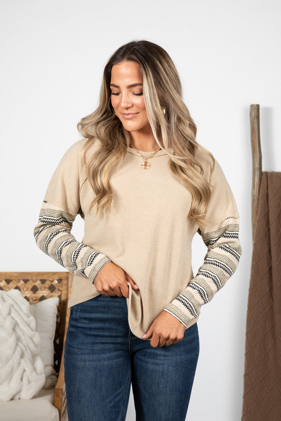 Taupe Contrast Striped Sleeve Detail Knit Top