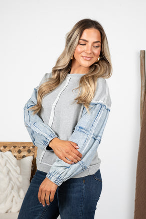 Grey With Denim Sleeve Knit Top