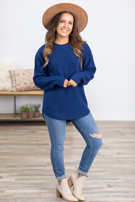 **OLD SKU**Navy Waffle Knit Round Neck Sweater